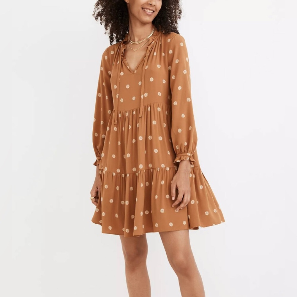 Madewell Women Tie-Neck Tiered Mini Dress in Bloom Dot Warm Hickory Size Med